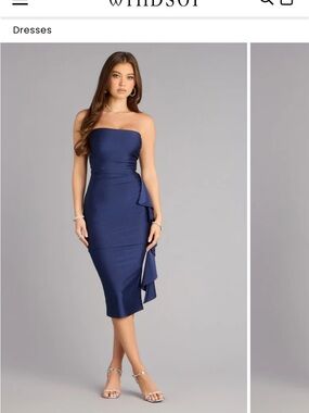 Windsor Strapless Royal Blue Midi Dress with Side Ruffle